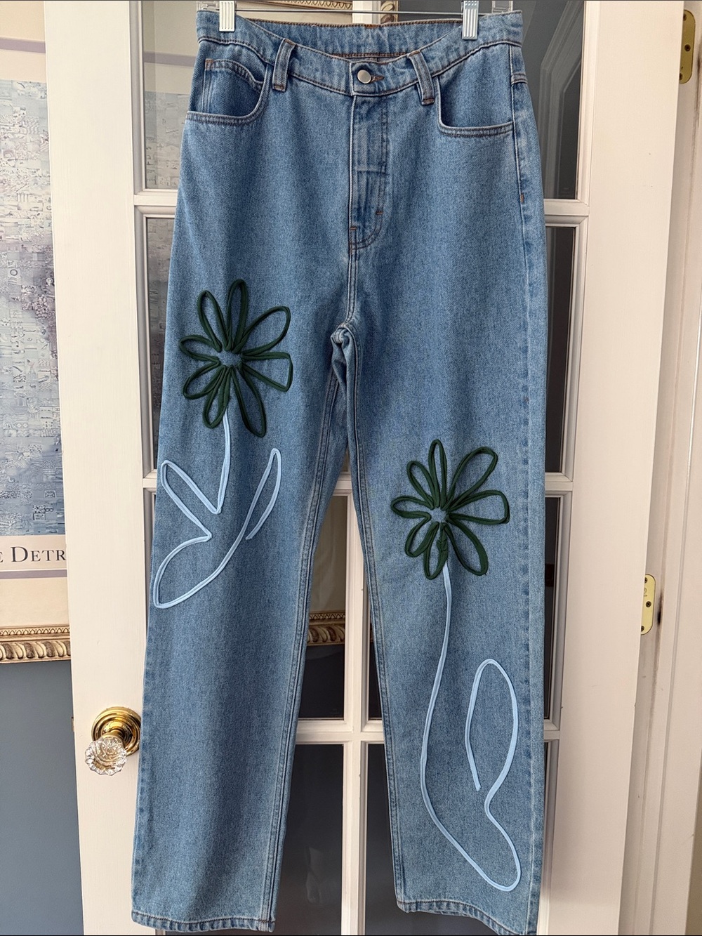Light Blue Floral-Accent Wide Leg Jeans